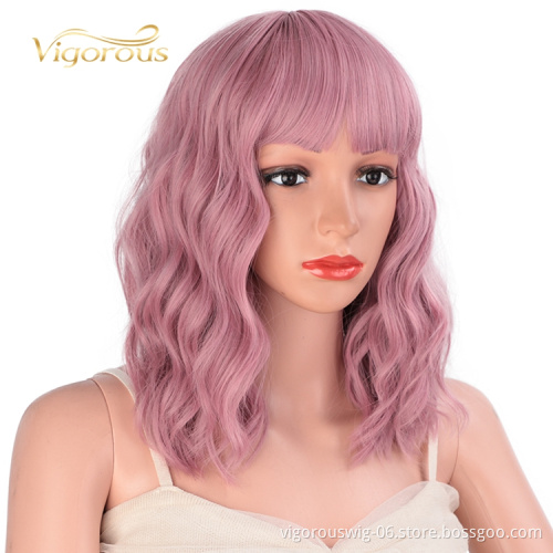 Best Hair Short Vendors High Quality Temperature With Bang Loose Wave Deep Pink Wholesale Wigs Synthetic